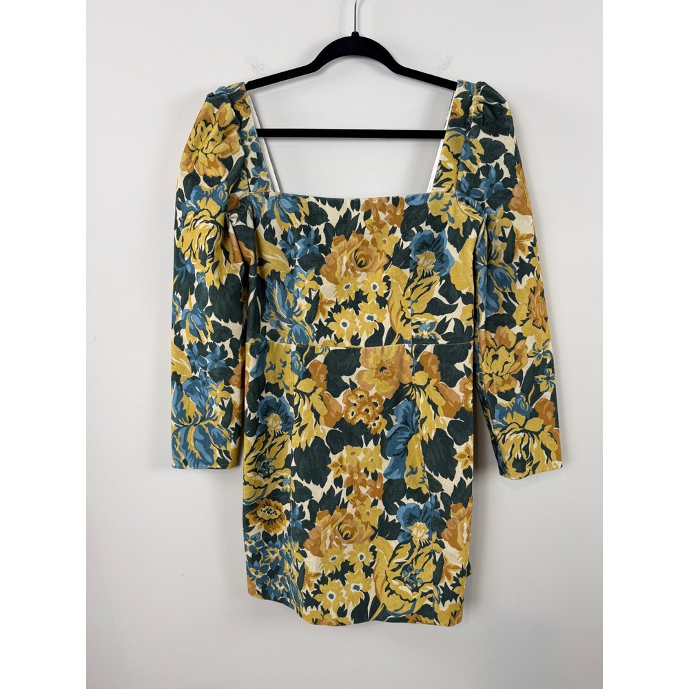 Sezane Diana Floral Mini Dress Yellow Blue FR 40/ US 8 Square Neck French Mod